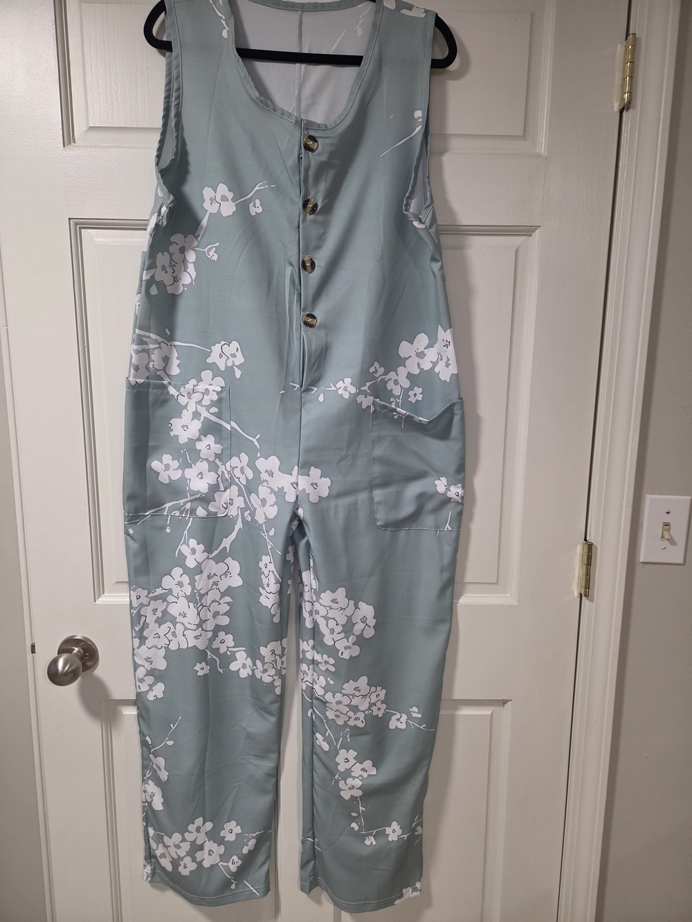 Sleeveless Floral Button-Front Jumpsuit in Sage Green